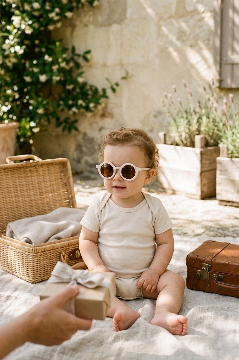 Toddler wearing neutral Babe Basics sunglasses outdoors