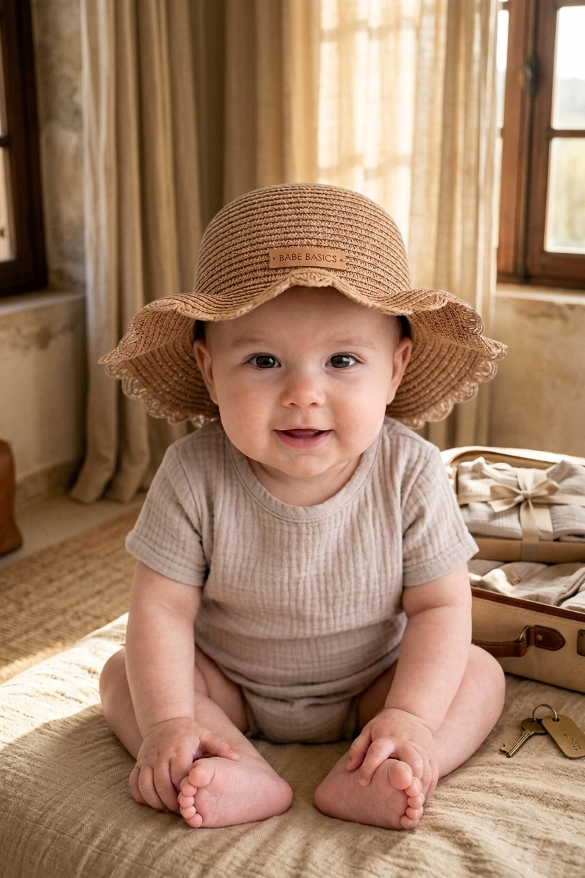 Baby wearing a natural wide-brim Babe Basics straw sun hat indoors