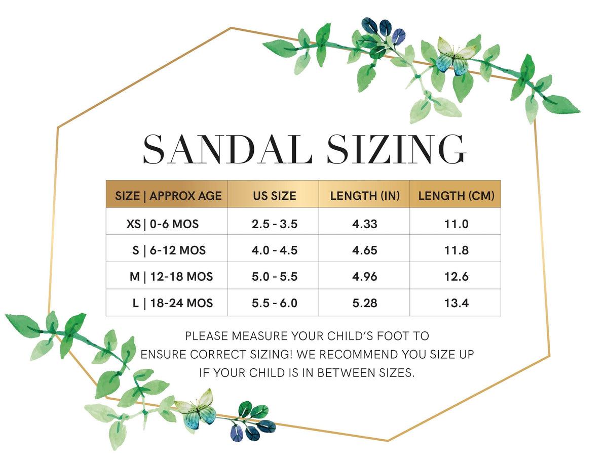 Babe Basics sandal size chart: foot length by size from 0-6 months (4.33 in) to 18-24 months (5.28 in)