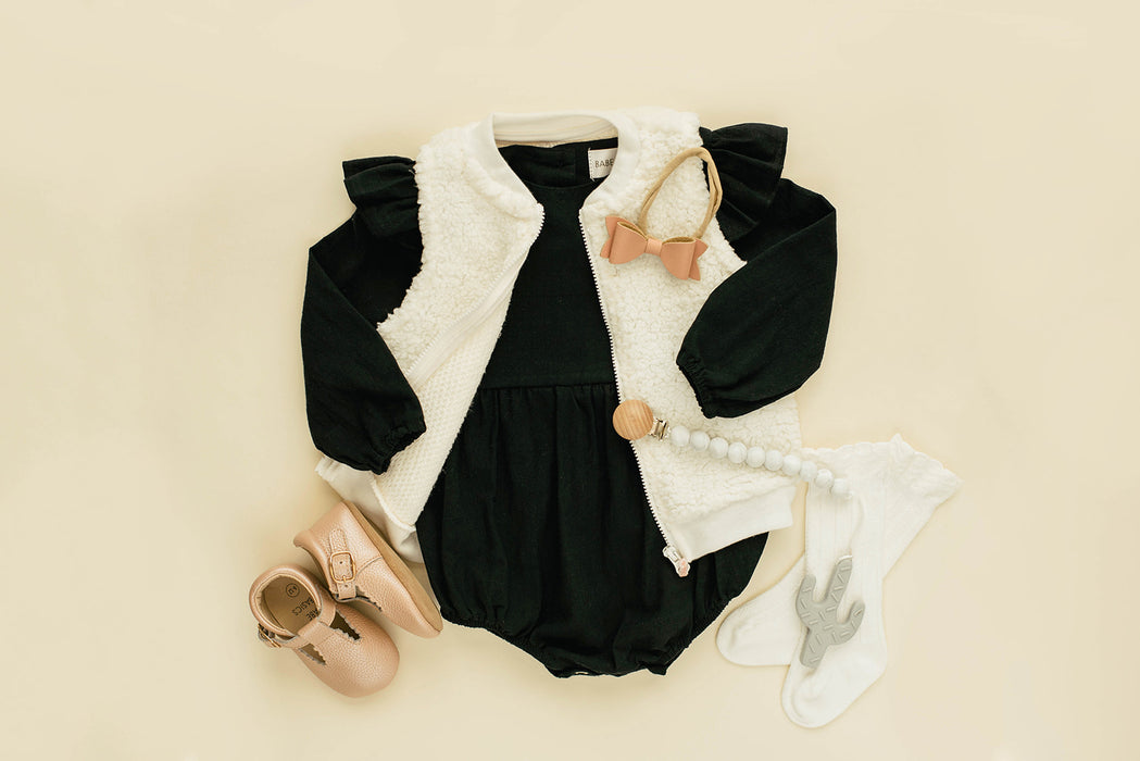 Black Linen Flutter Sleeve Romper - Babe Basics