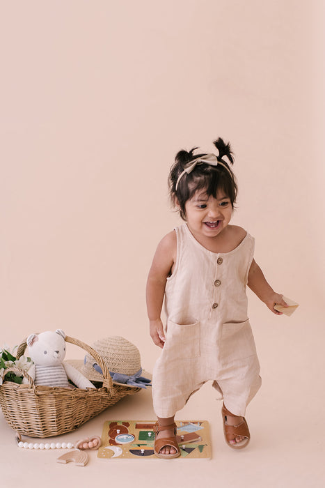 Oatmeal Cropped Linen Baby Romper - Babe Basics
