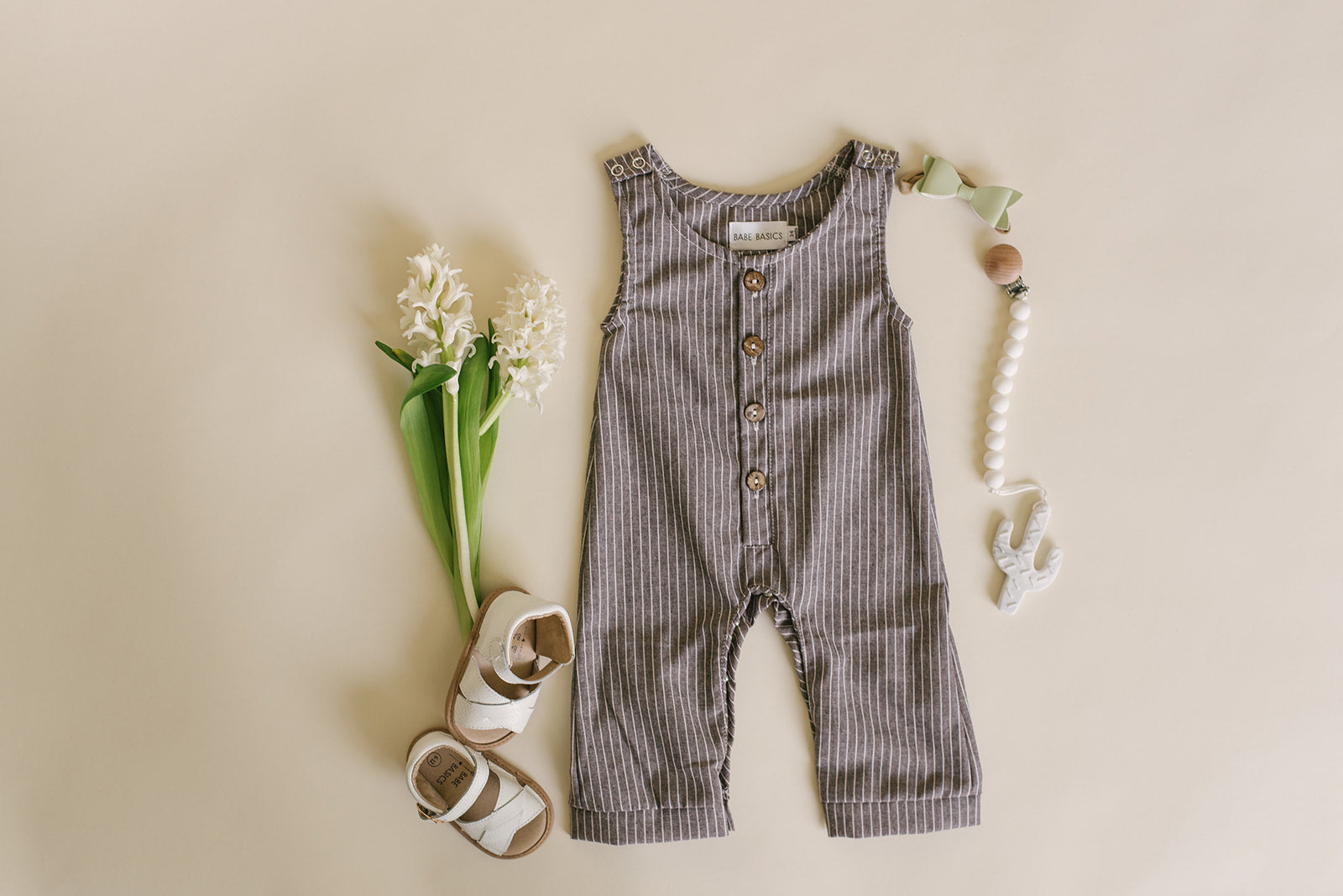 Dark Grey Striped Linen Basic Romper - Babe Basics