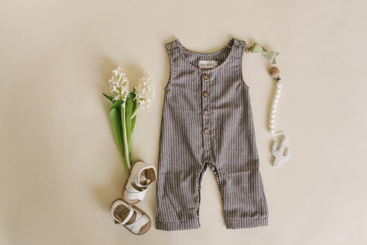 Dark Grey Striped Linen Basic Romper - Babe Basics