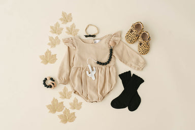 Oatmeal Linen Flutter Sleeve Romper - Babe Basics